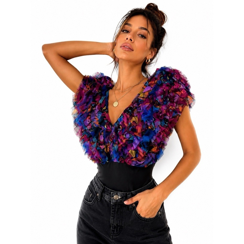 Live 4 Truth Ruffle Mesh Bodysuit Top Multicolor Sheer Sz Medium Festival V Neck